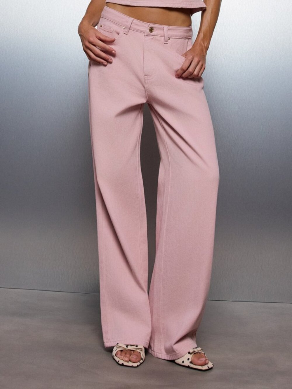 Pink Casual Women's Wide Leg Low Rise Full Length Denim Jeans